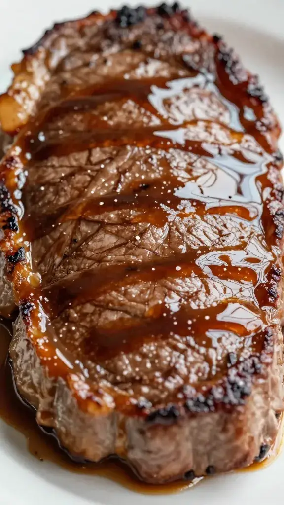 Closeup ham steak with glossy brown sugar mustard glaze