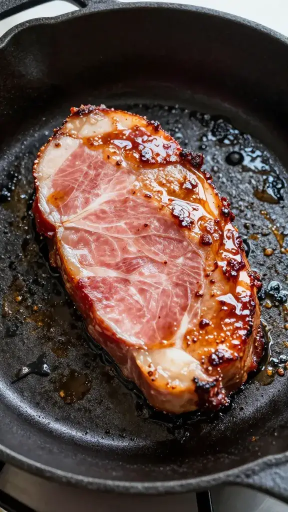 Single cast-iron skillet searing glazed ham steak