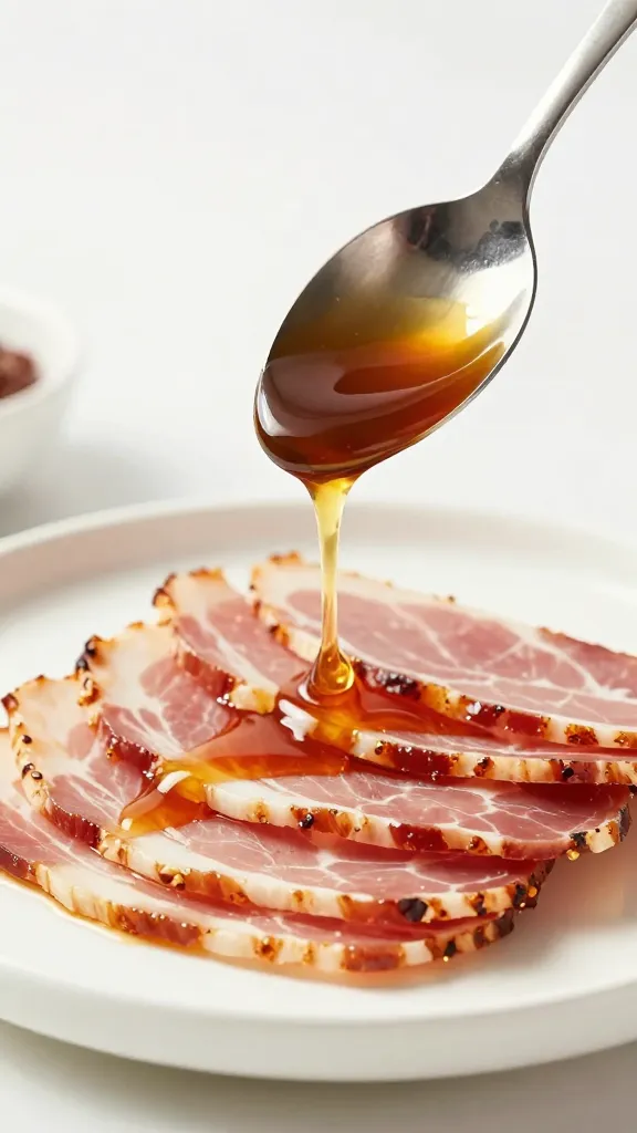 Spoon drizzling Dijon-brown sugar glaze over ham