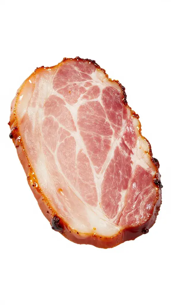 Thick ham slice with caramelized glaze, crispy edges