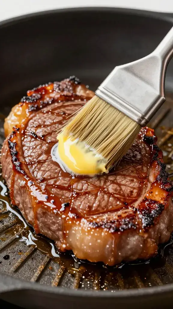 Brush glazing ham steak in sizzling butter