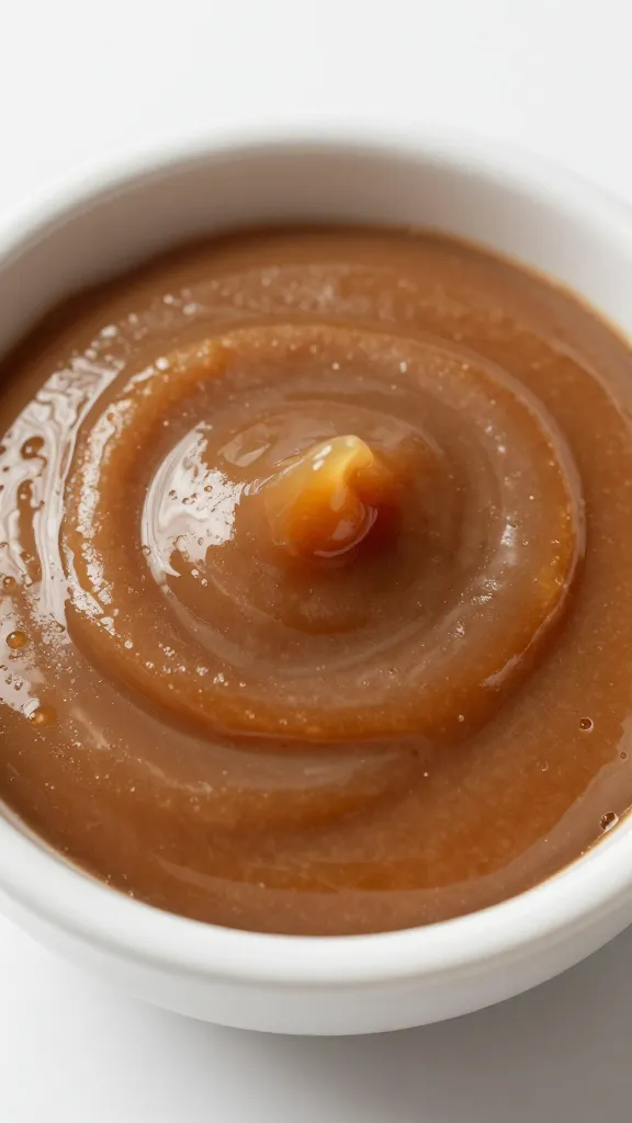 Small bowl of brown sugar mustard glaze, glossy surface