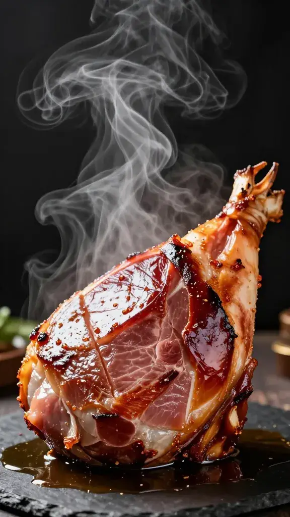Steam rising from freshly glazed ham steak