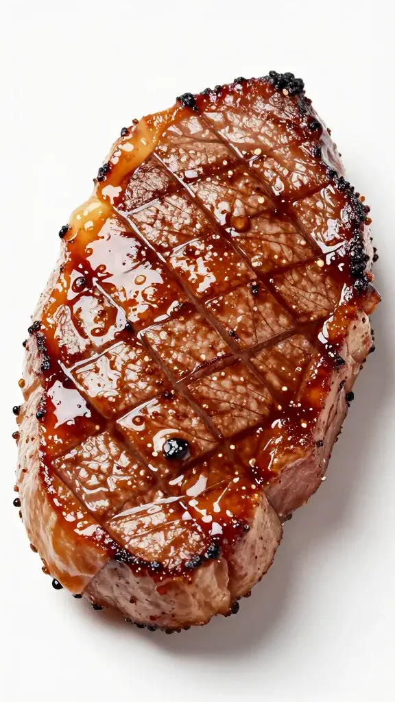 Crosshatched ham steak with sticky glaze sheen