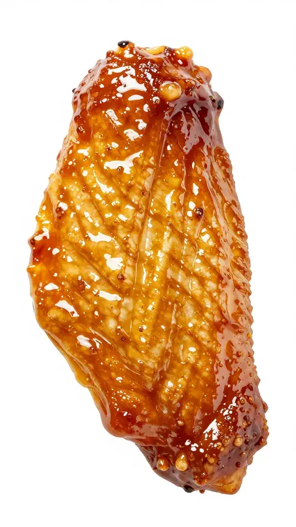 closeup of a single hot honey lime wing, glazed