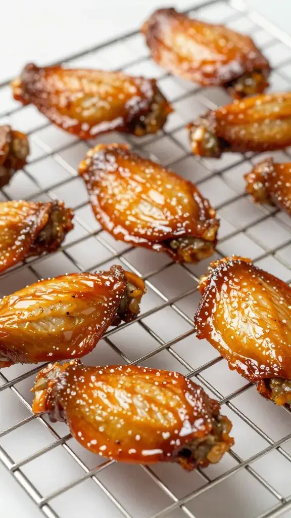 caramelized wing on wire rack, sticky sheen