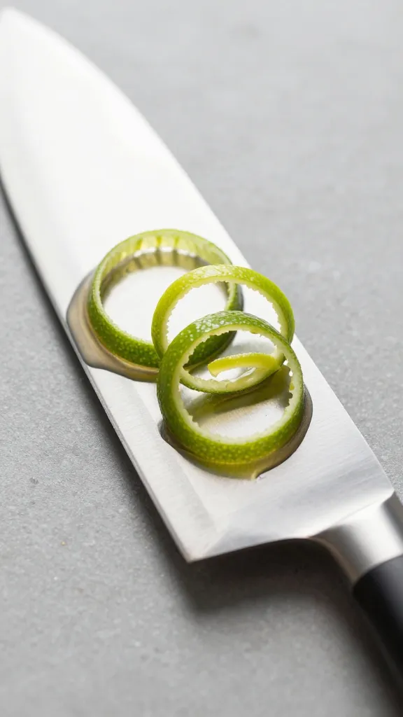 lime zest curls on honey-slick chef knife