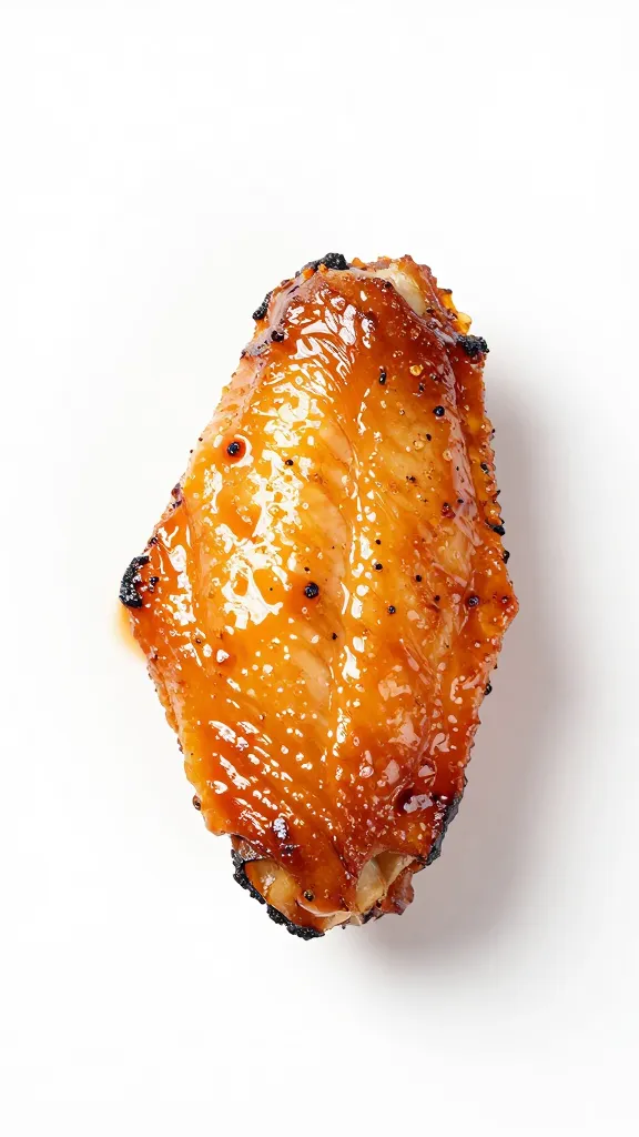 single grilled wing with char blisters, glossy mop