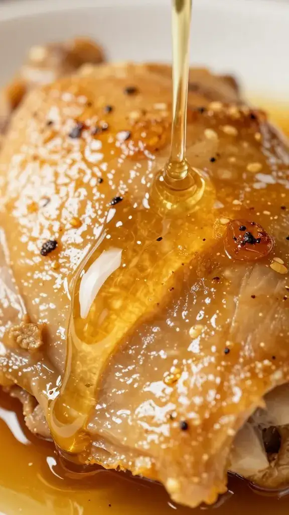 macro of honey stream over roasted chicken skin