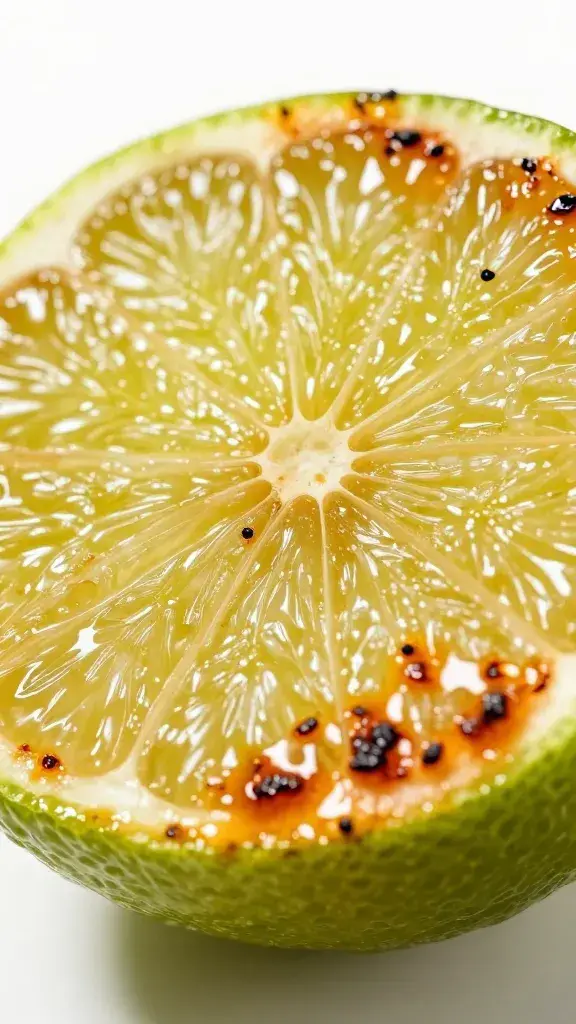 lime half being torched, caramelized surface closeup
