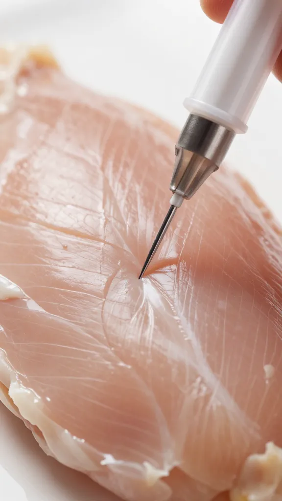 closeup turkey breast skin being pierced by injector needle