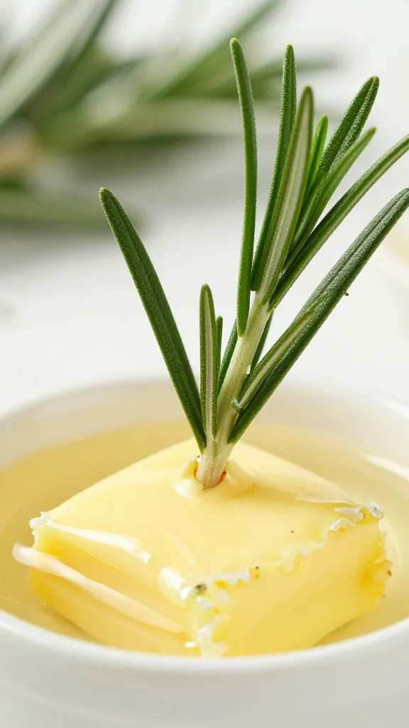 fresh rosemary sprig dipped in clarified butter, closeup