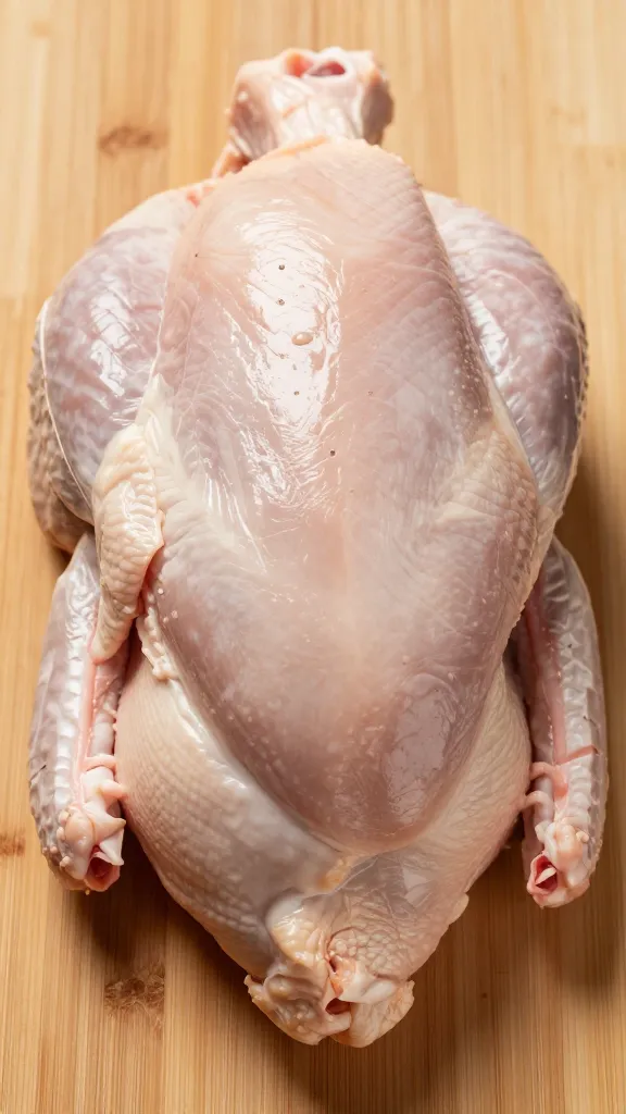 single raw turkey breast on board, injection marks visible