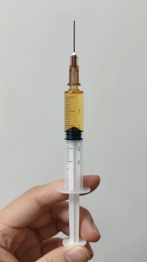 hand gripping injector plunger, syringe loaded with gold liquid