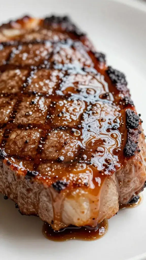 glossy espresso-pepper glaze dripping off seared steak edge