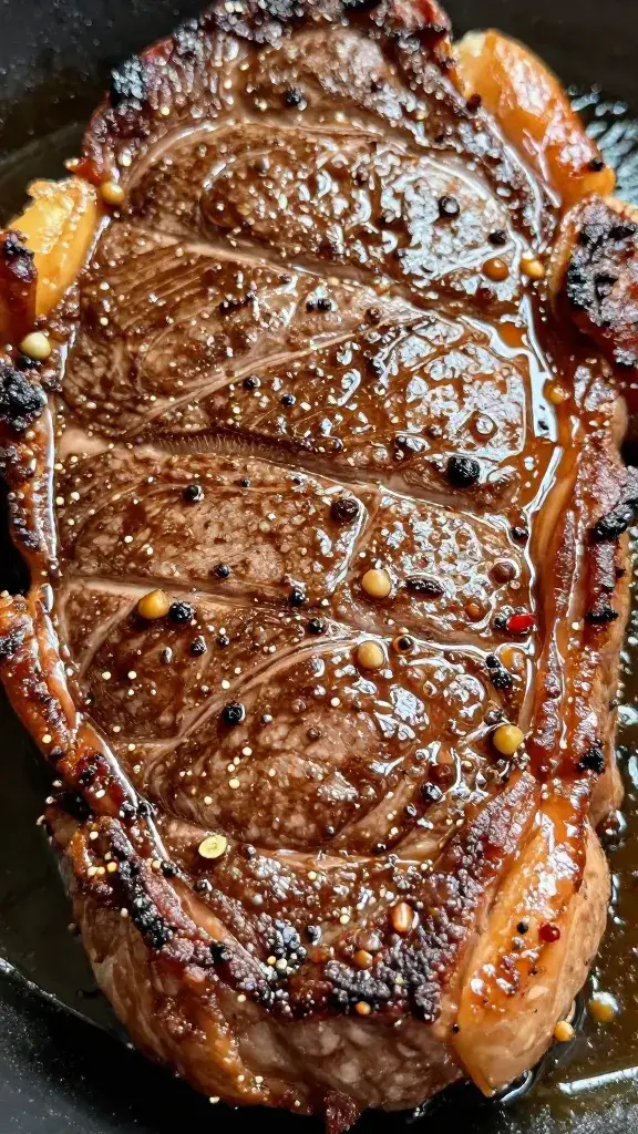 sizzling steak surface, Maillard crust with pepper flecks
