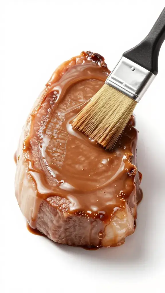 brushed-on espresso glaze sheen on steak fat cap