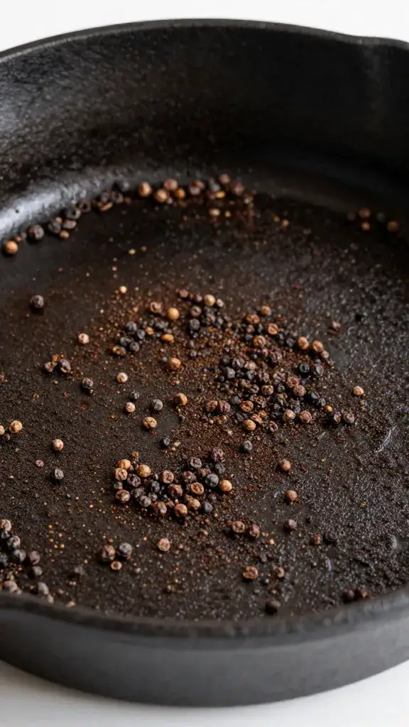 cast-iron pan fond with espresso-pepper bits, closeup