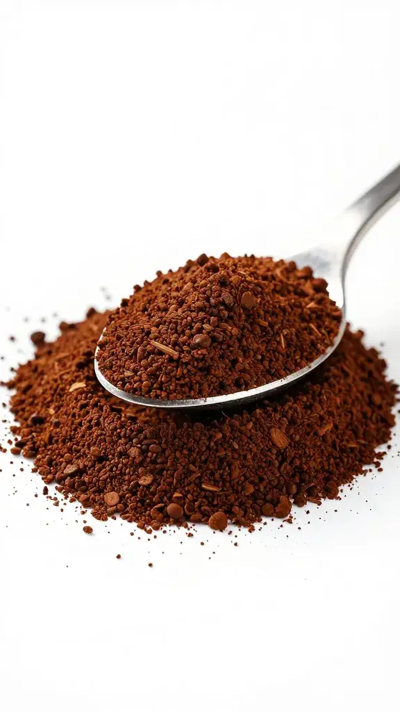 teaspoon mounded with superfine espresso grounds, studio light