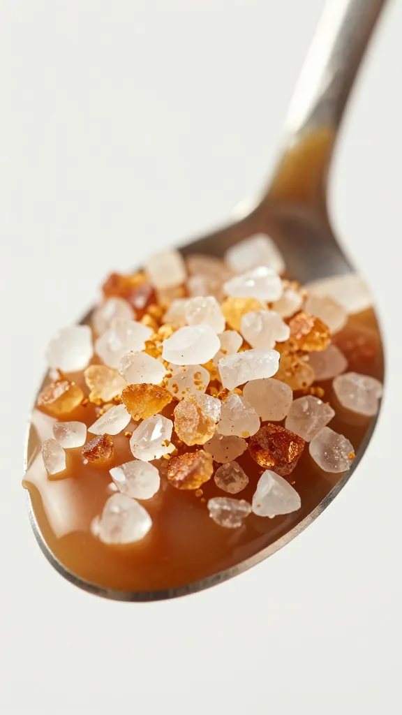 closeup of smoked salt crystals on caramel-drizzled spoon