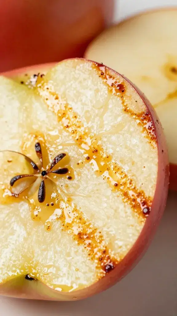 single grilled apple slice misted with BBQ spray, macro