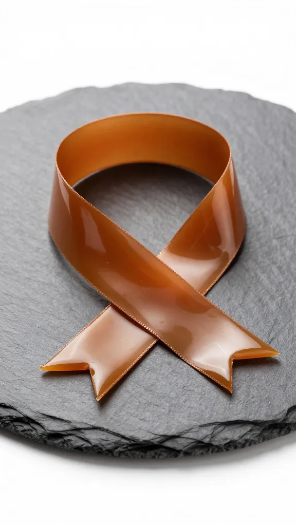 glossy caramel ribbon on slate plate, studio lighting