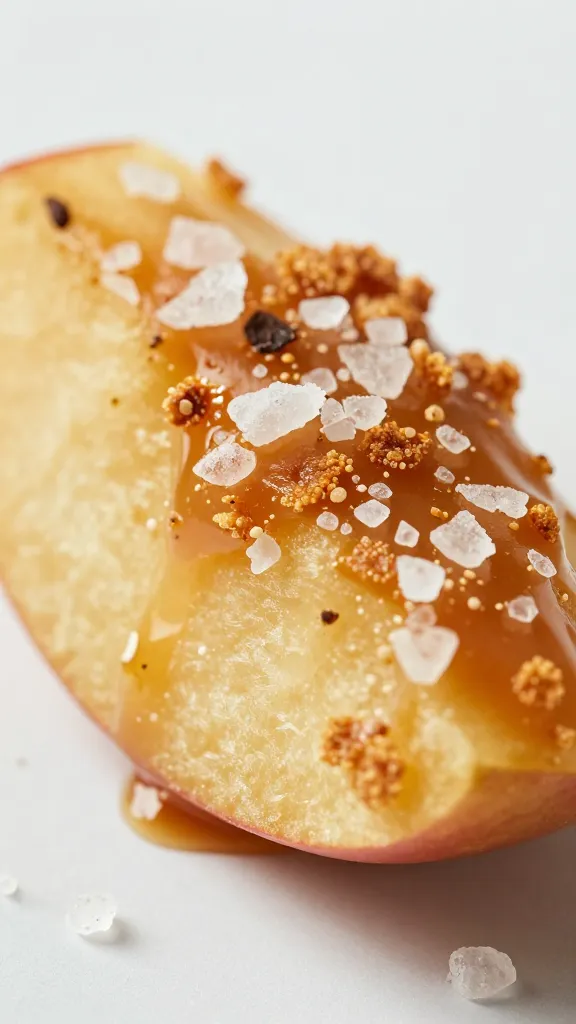 smoked salt flakes on warm caramel apple wedge, macro