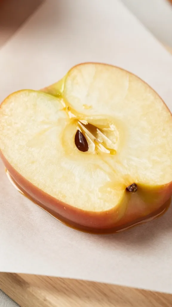 caramel-dipped apple slice on parchment, tight focus