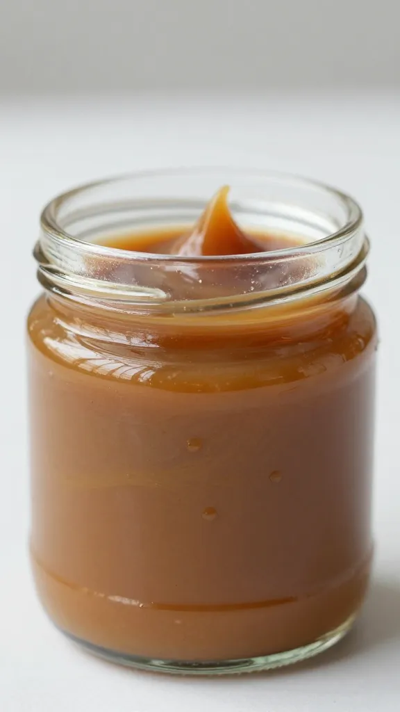 smoky caramel swirl in small glass jar, closeup