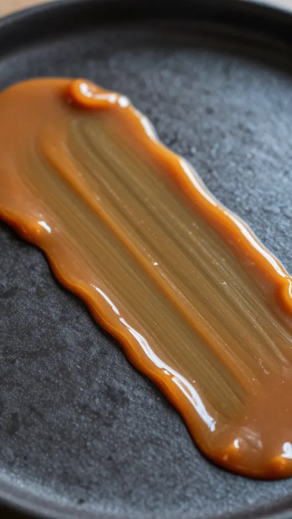 warm caramel streak brushed across dark plate, closeup