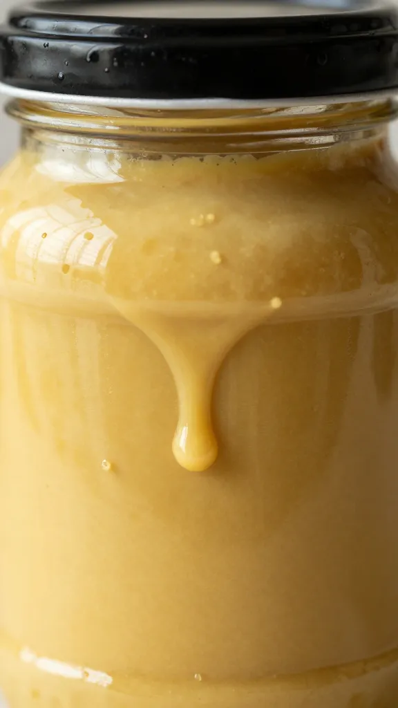 closeup jar of maple mustard beer sauce, glossy drips