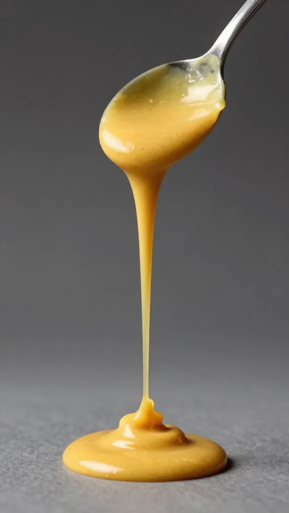 spoonful of maple mustard beer sauce mid-pour, studio light