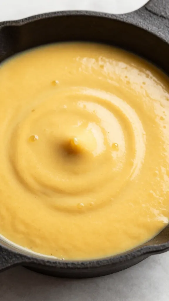 cast-iron ramekin of maple mustard beer sauce, overhead closeup