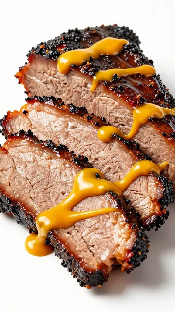 smoked brisket slice lacquered with maple mustard beer glaze