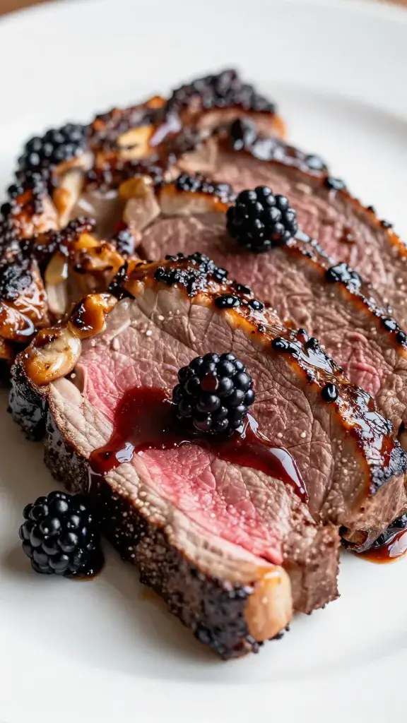 closeup ribeye slice glazed with blackberry bourbon reduction