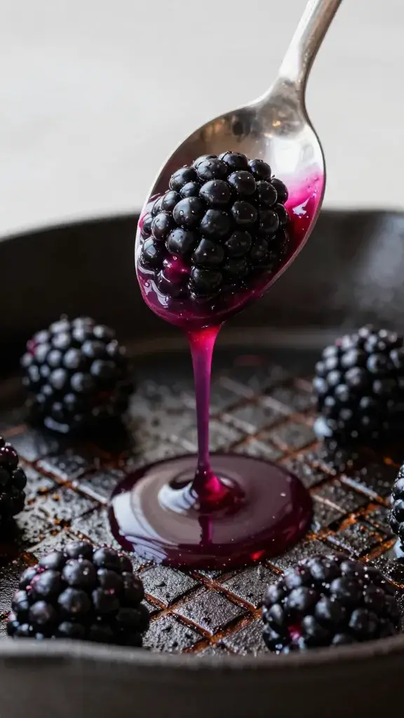 spoon dripping blackberry bourbon sauce over cast-iron sear marks