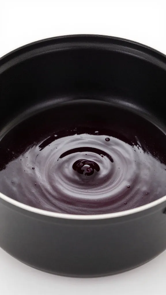 glossy saucepan of blackberry bourbon reduction, silky butter sheen