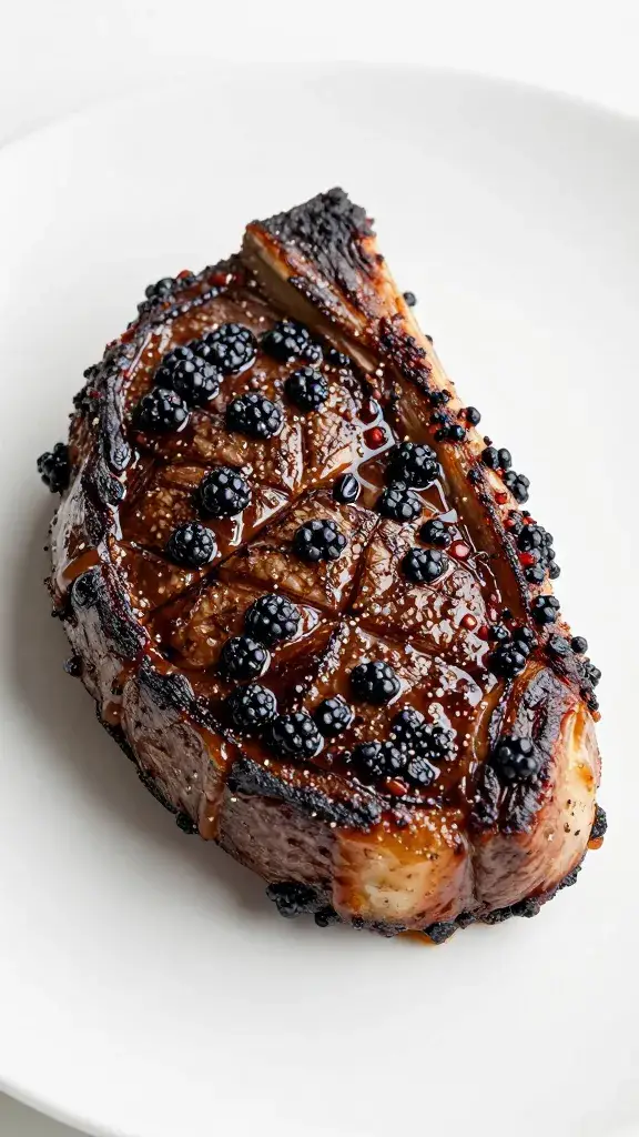 seared ribeye edge with lacquered blackberry bourbon crust