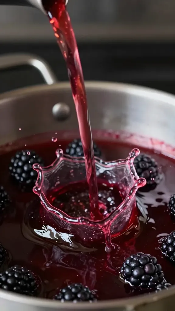 bourbon splash mid-pour into simmering blackberry reduction