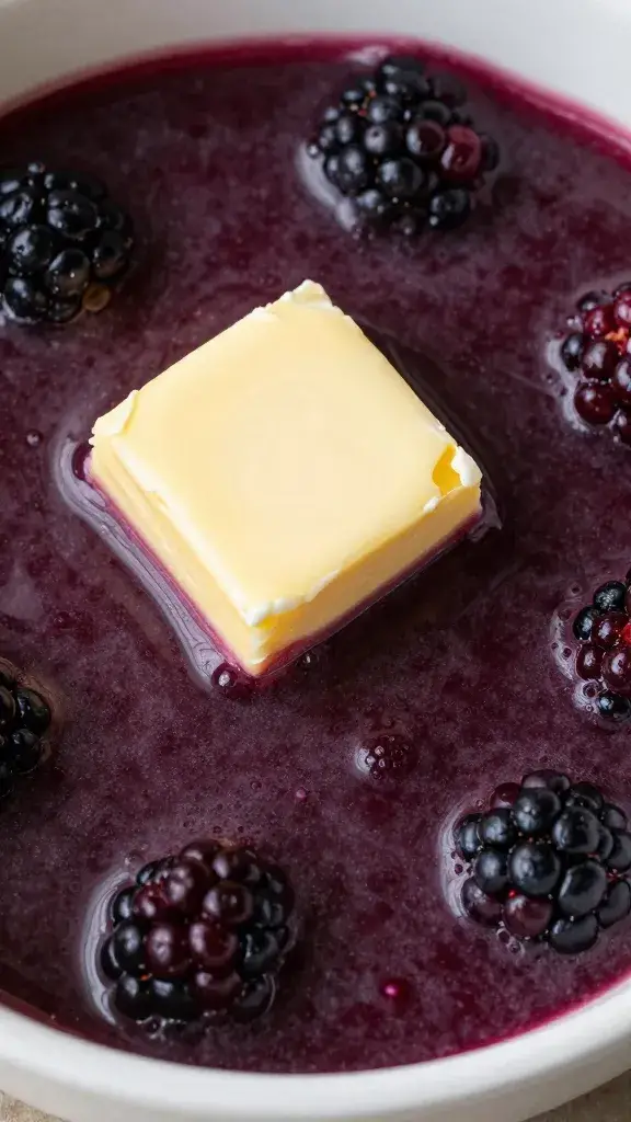 butter pat melting into bubbling blackberry bourbon sauce