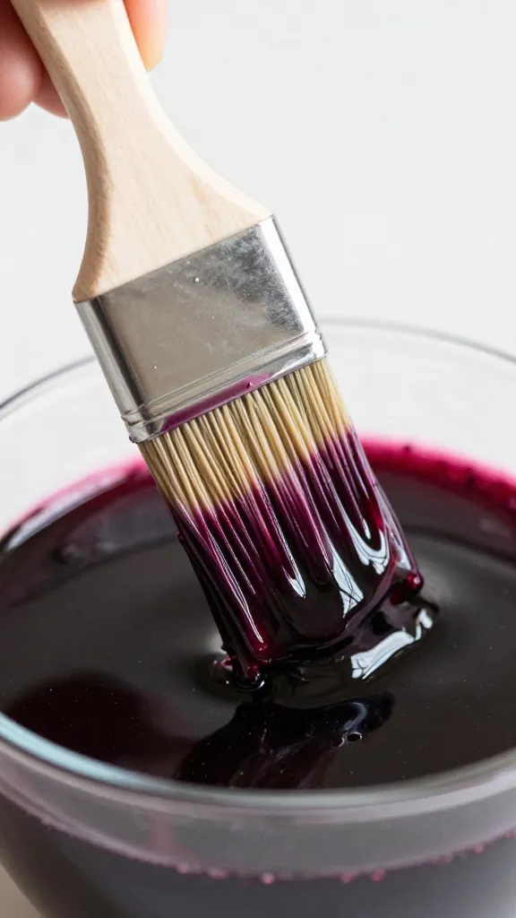 basting brush saturated with blackberry bourbon reduction