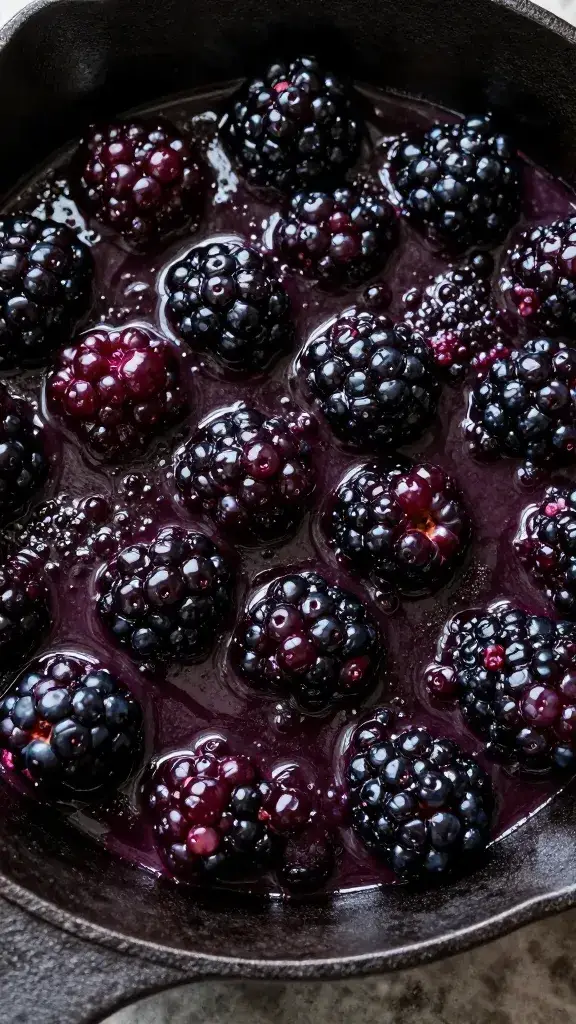 cast-iron skillet surface with thickened blackberry bourbon glaze