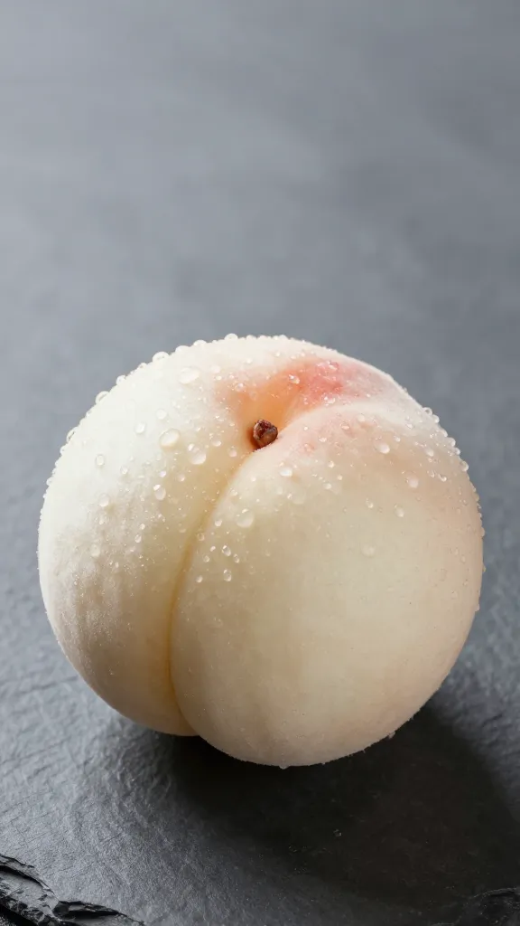 white peach half, dewy, on matte slate backdrop