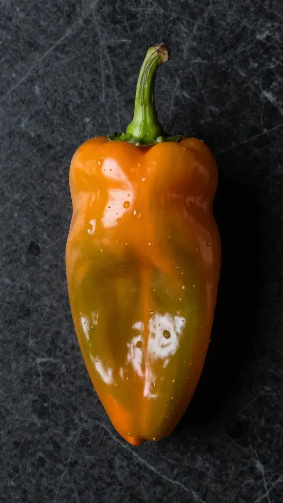single habanero pepper, glossy, on black marble