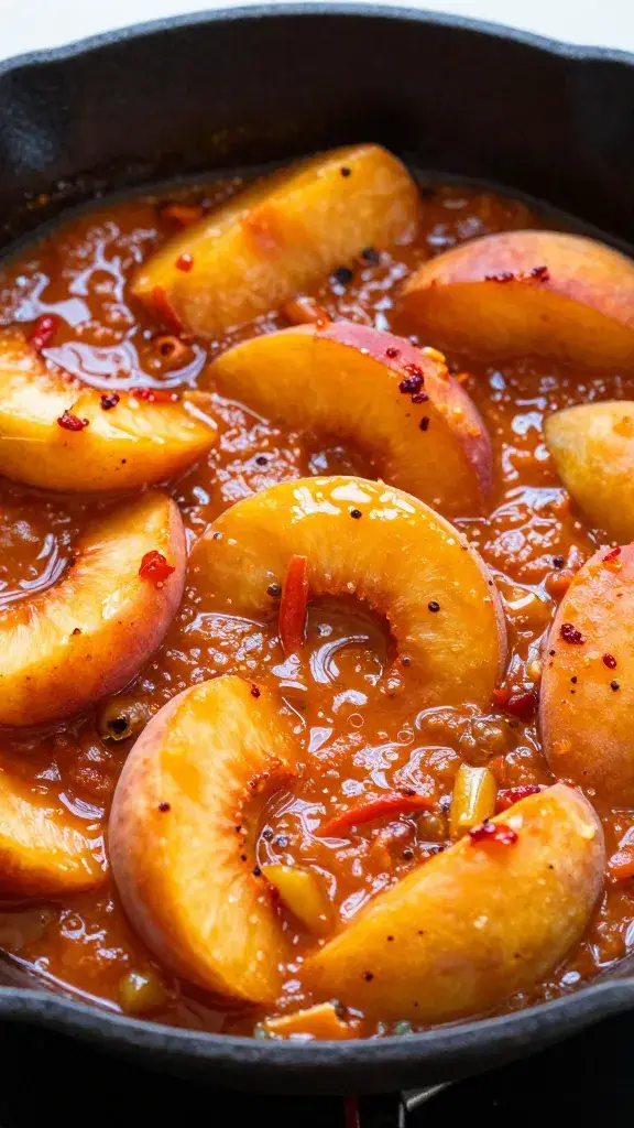 cast-iron skillet with simmering peach-habanero sauce