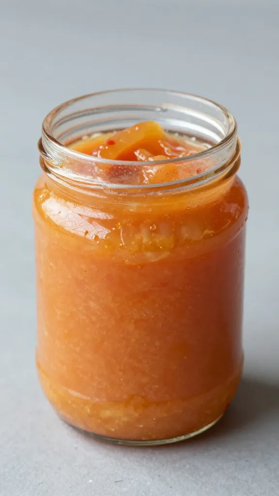 blender jar with bright peach-habanero puree