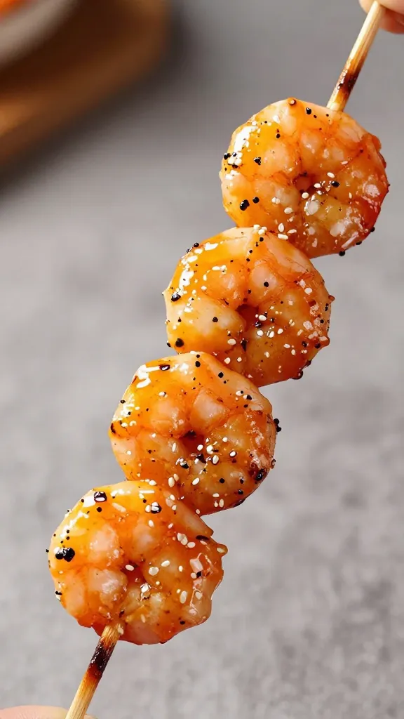 charred shrimp skewer brushed with sweet-fire glaze
