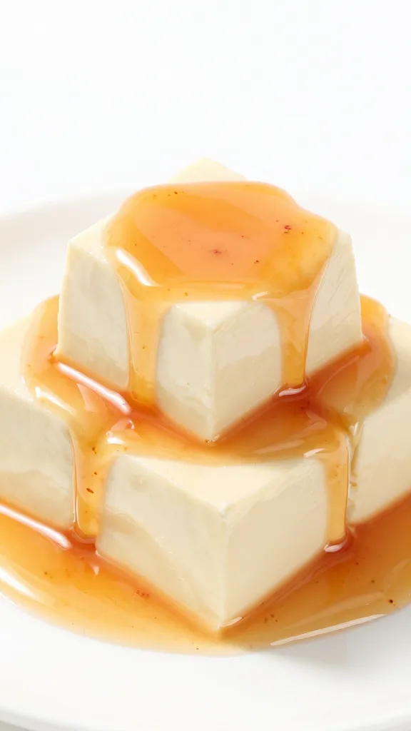 tofu cube lacquered with peach-habanero sauce