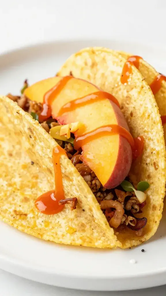 corn taco topped with peach-habanero drizzle