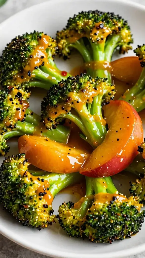 roasted broccoli crown glazed with peach-habanero sauce